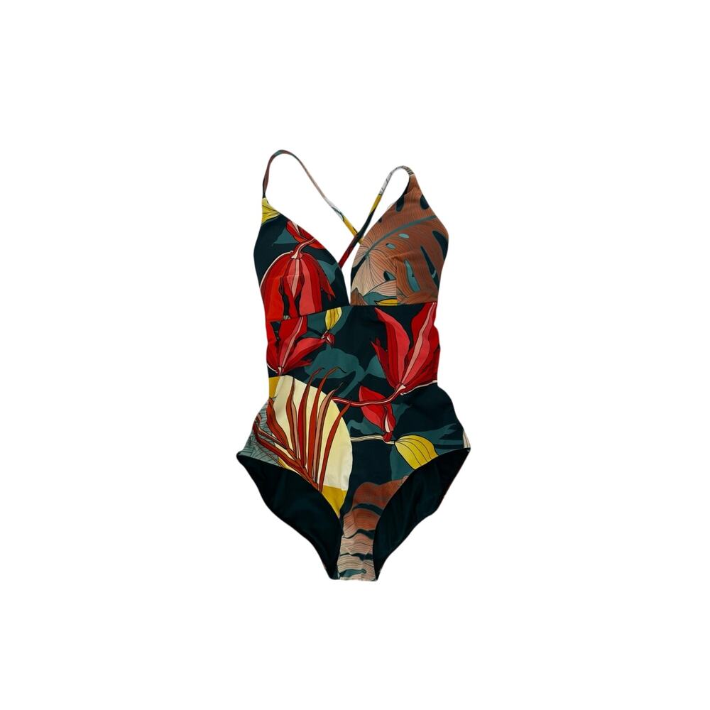 CALIA Swim Triangle Strappy Back One Piece Botanical Print Sea Green Size 14